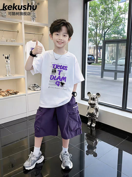 Boys’ Graphic White & Purple T-Shirt & Multi-Pocket Cargo Shorts Set