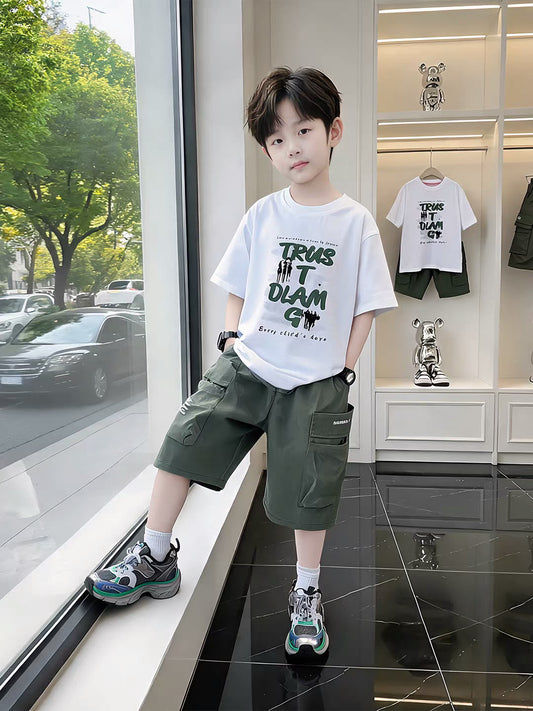 Boys’ Graphic White & Olive T-Shirt & Multi-Pocket Cargo Shorts Set