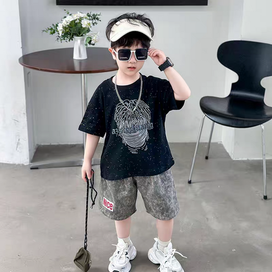 Boys’ Graphic Oversized Black& Cargo T-Shirt & Casual Shorts Set