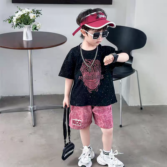 Boys’ Graphic Oversized Black& Hot Pink T-Shirt & Casual Shorts Set